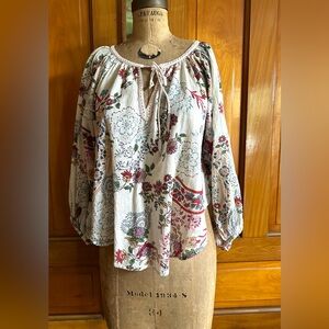 ZL boho print cotton top semi crop bell sleeves size sm -med feather dangles